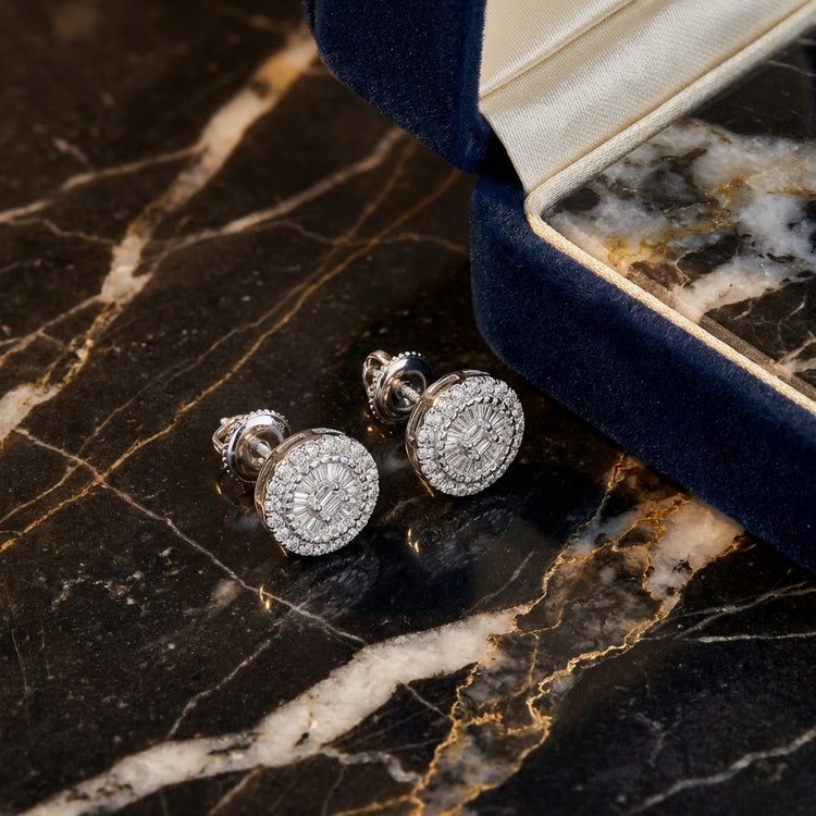 10k Gold Round Baguette Diamond Earrings 1/5 CTW luxury presentation - GOLDZENN