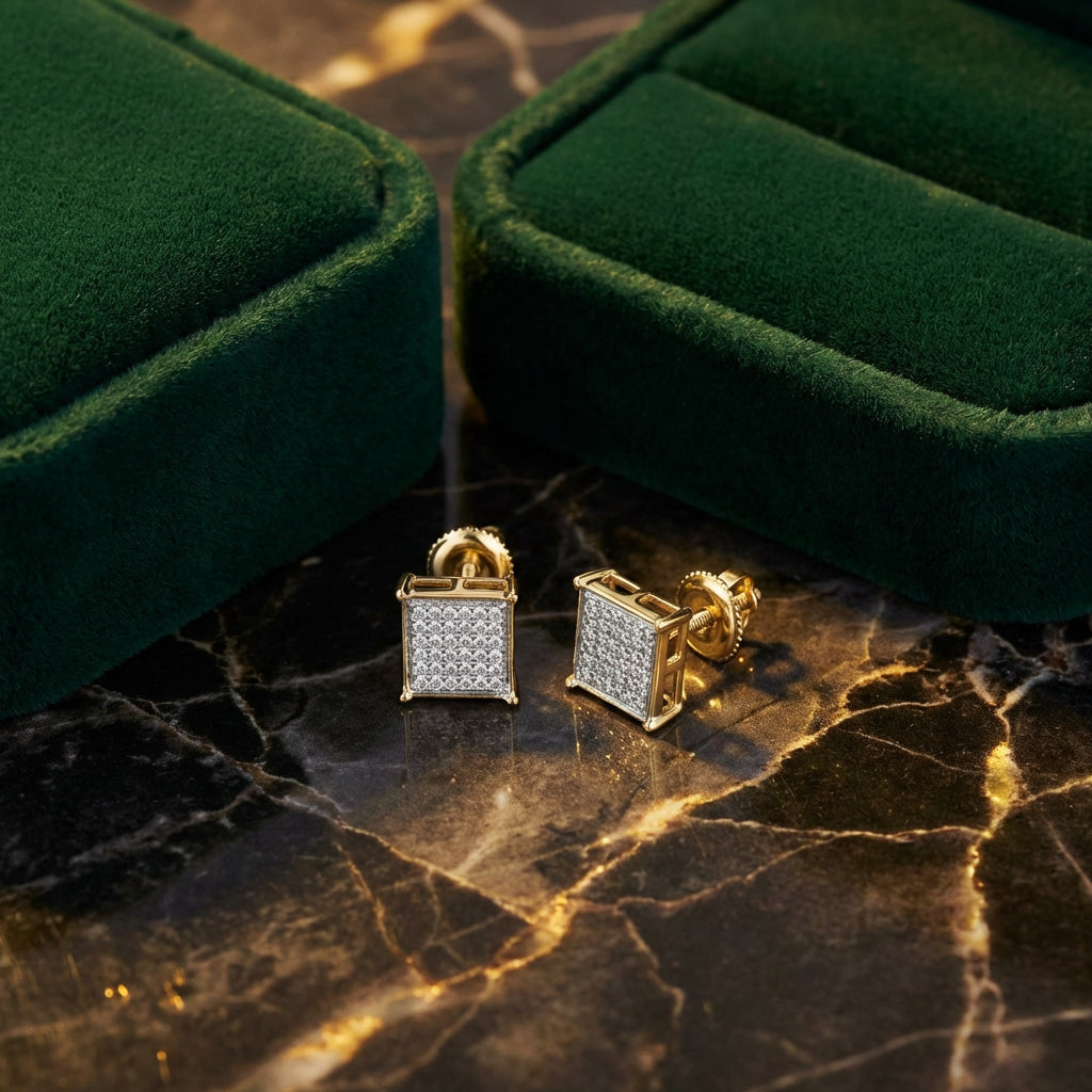 10k Yellow Gold Round Diamond Square Earrings 1/4CTTW luxury presentation - GOLDZENN
