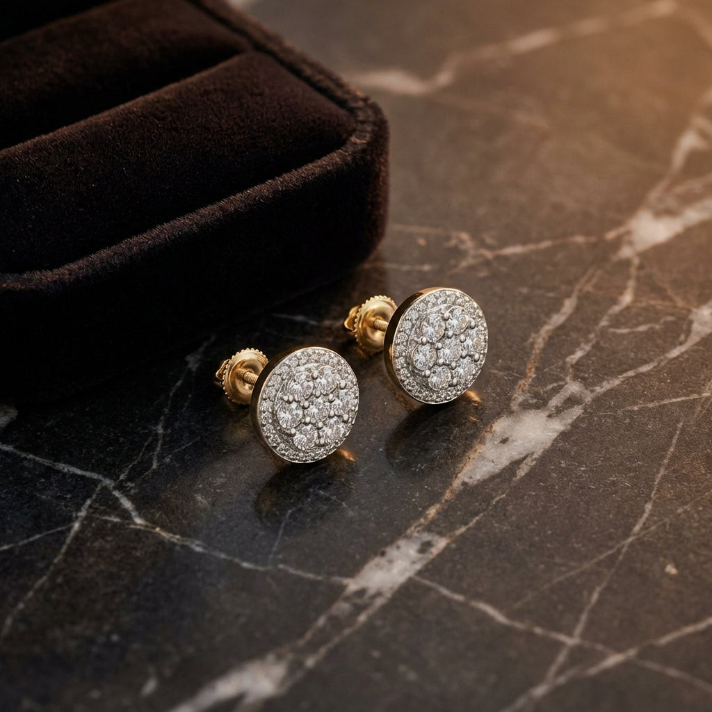 10k Yellow Gold Diamond Illusion Cluster Earrings luxury presentation - GOLDZENN