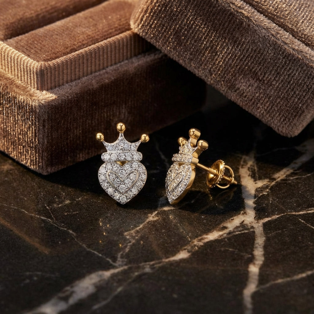 10k Gold Diamond Crown Heart Earrings 1/6 Cttw luxury presentation - GOLDZENN