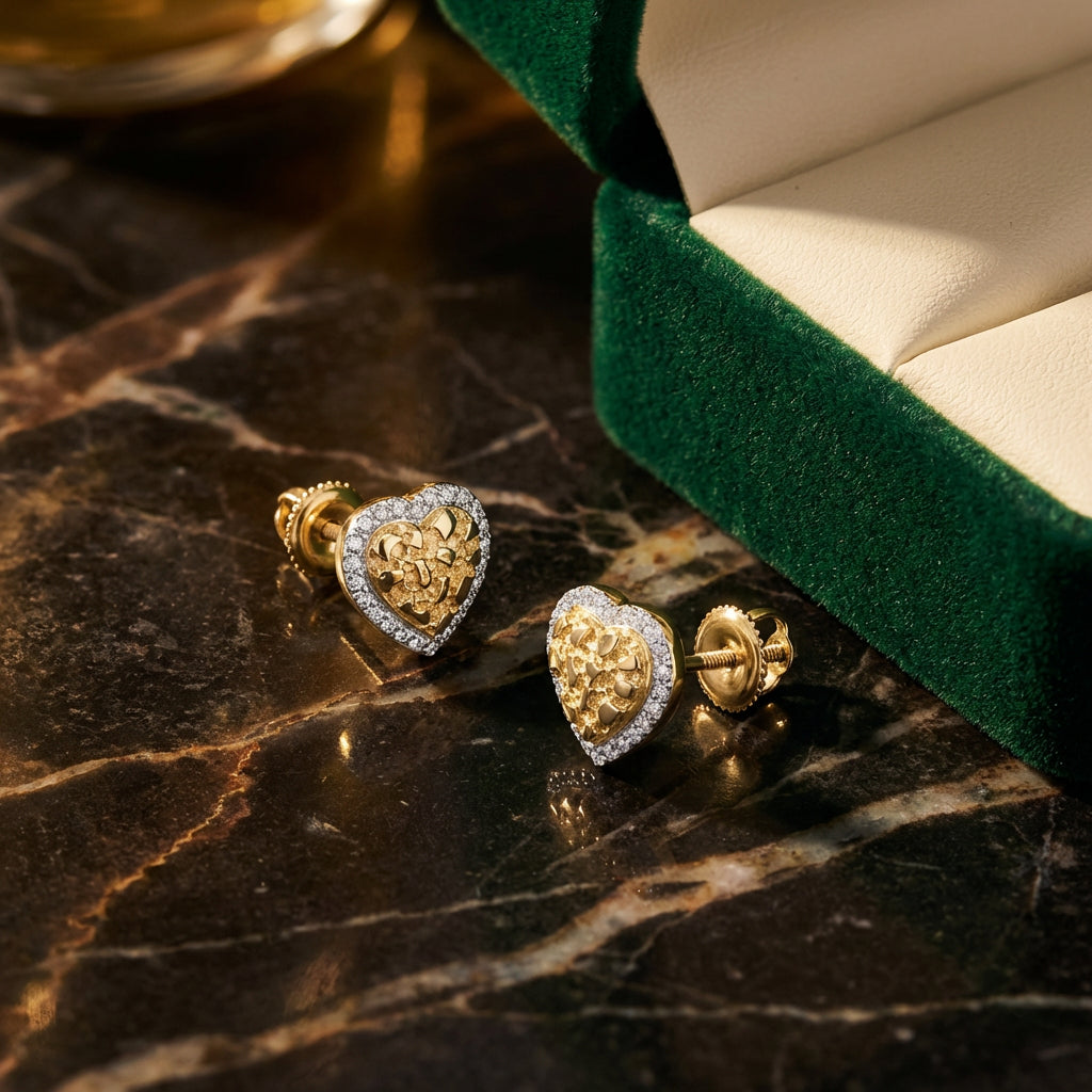 10k Yellow Gold Diamond Heart Earrings 1/10 Cttw luxury presentation - GOLDZENN