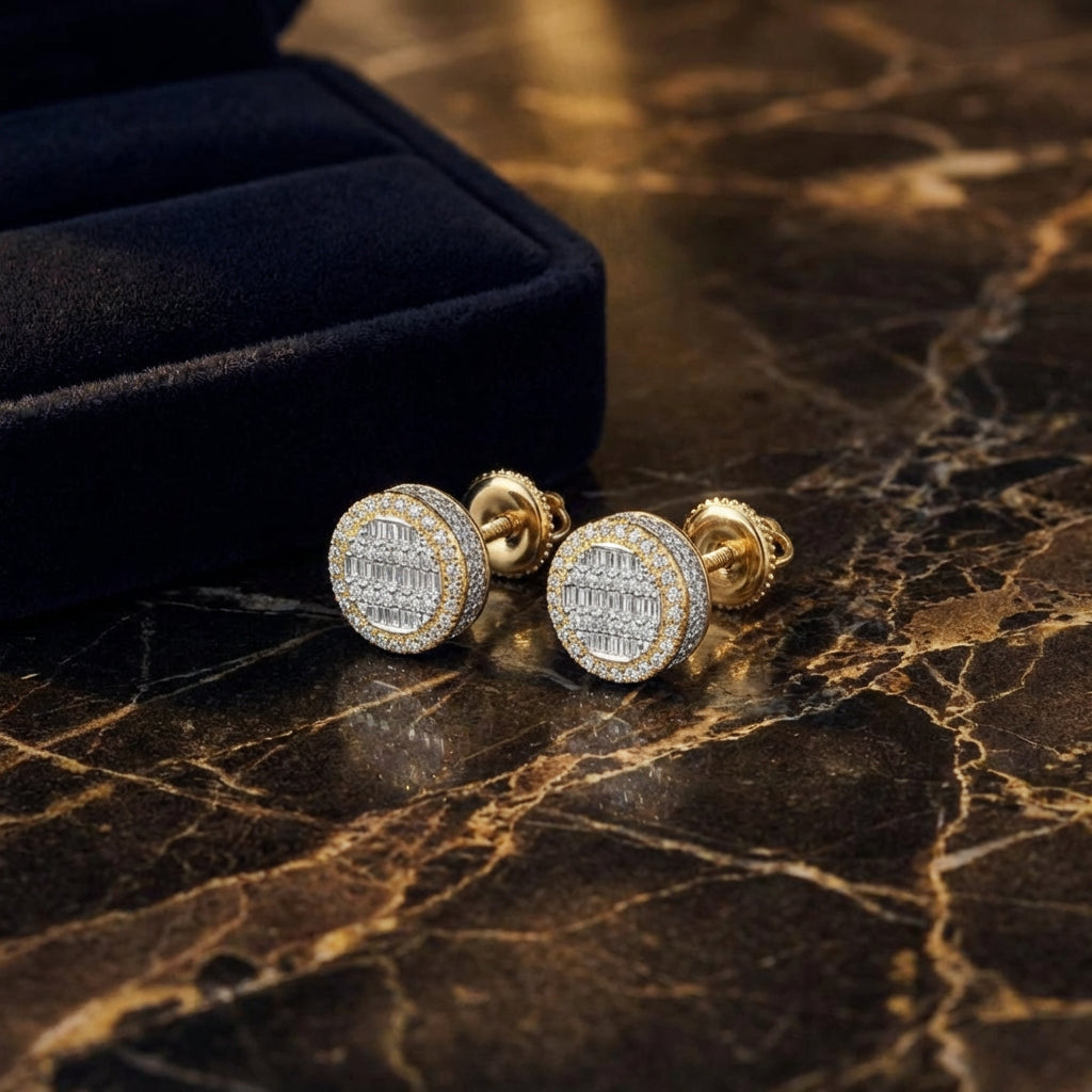 10K Yellow Gold Baguette Diamond Circle Earrings luxury presentation - GOLDZENN