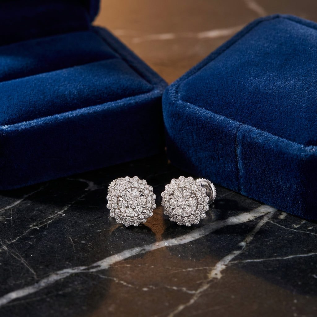 14k White Gold Diamond Halo Cluster Earrings 1 Cttw luxury presentation - GOLDZENN