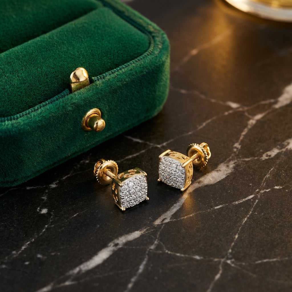 10k Gold Diamond Square Earrings 1/10 Cttw luxury presentation - GOLDZENN