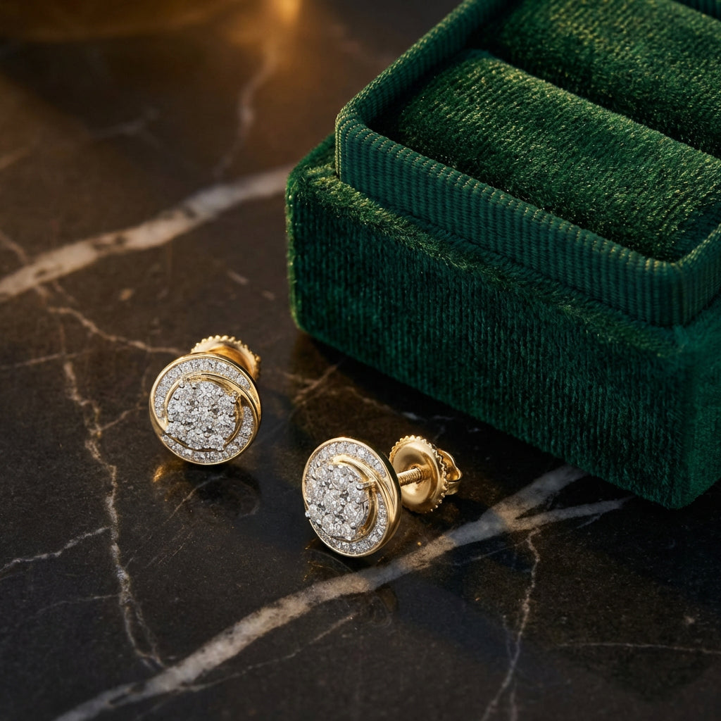 10k Gold Diamond Cluster Earrings 1/5 Cttw luxury presentation - GOLDZENN