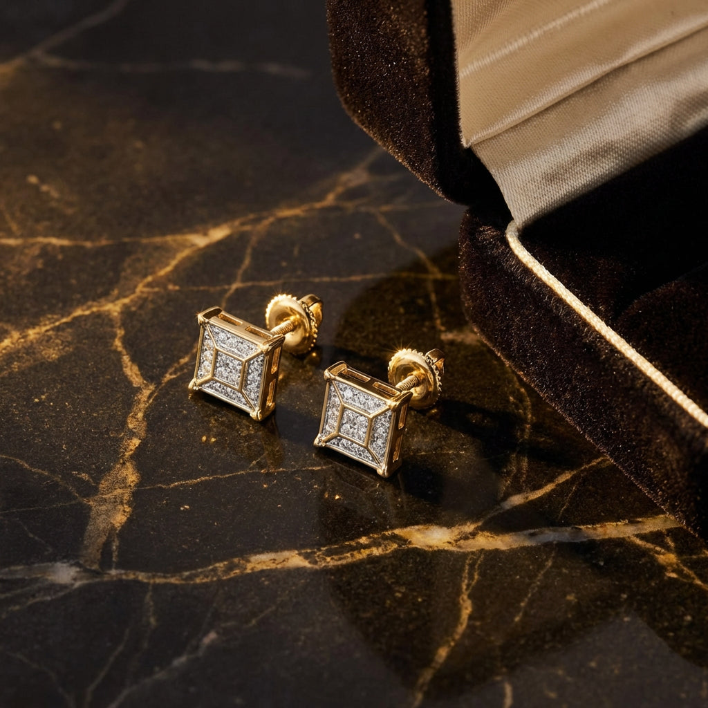 10k Yellow Gold Diamond Square Geometric Cluster Earrings luxury presentation - GOLDZENN