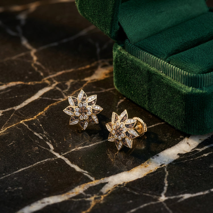 1/4CT Cognac Diamond Flower Earrings in 10k Gold luxury presentation - GOLDZENN