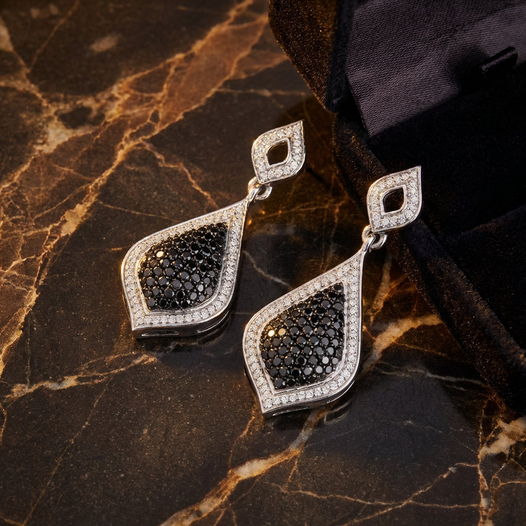 10K White Gold Black Diamond Dangle Earrings 2 CTTW luxury presentation - GOLDZENN
