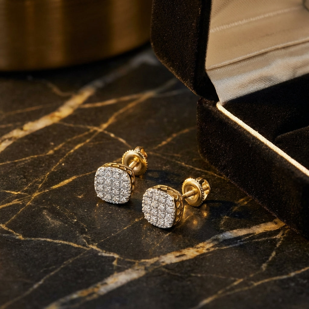 10k Yellow Gold Diamond Square Earrings 1/10 Cttw luxury presentation - GOLDZENN