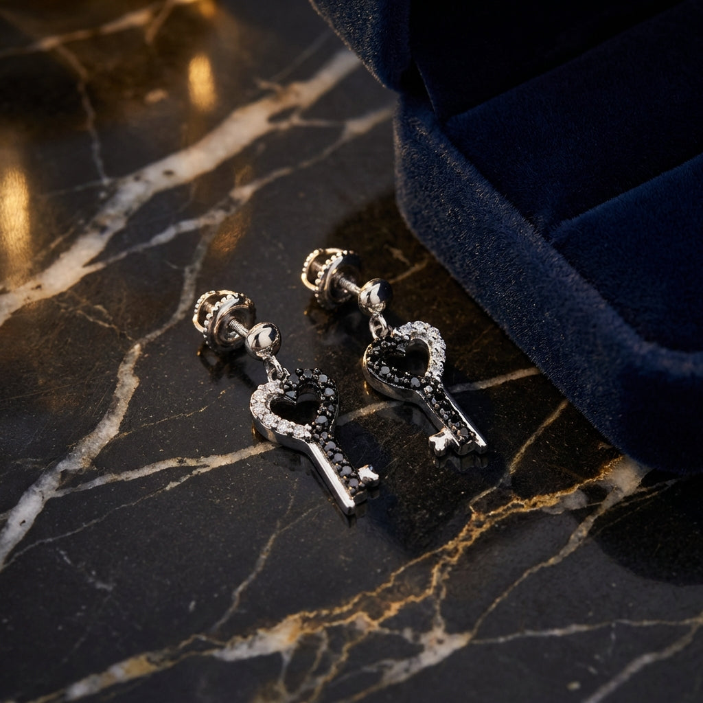 10k White Gold Black Diamond Key Heart Earrings luxury presentation - GOLDZENN