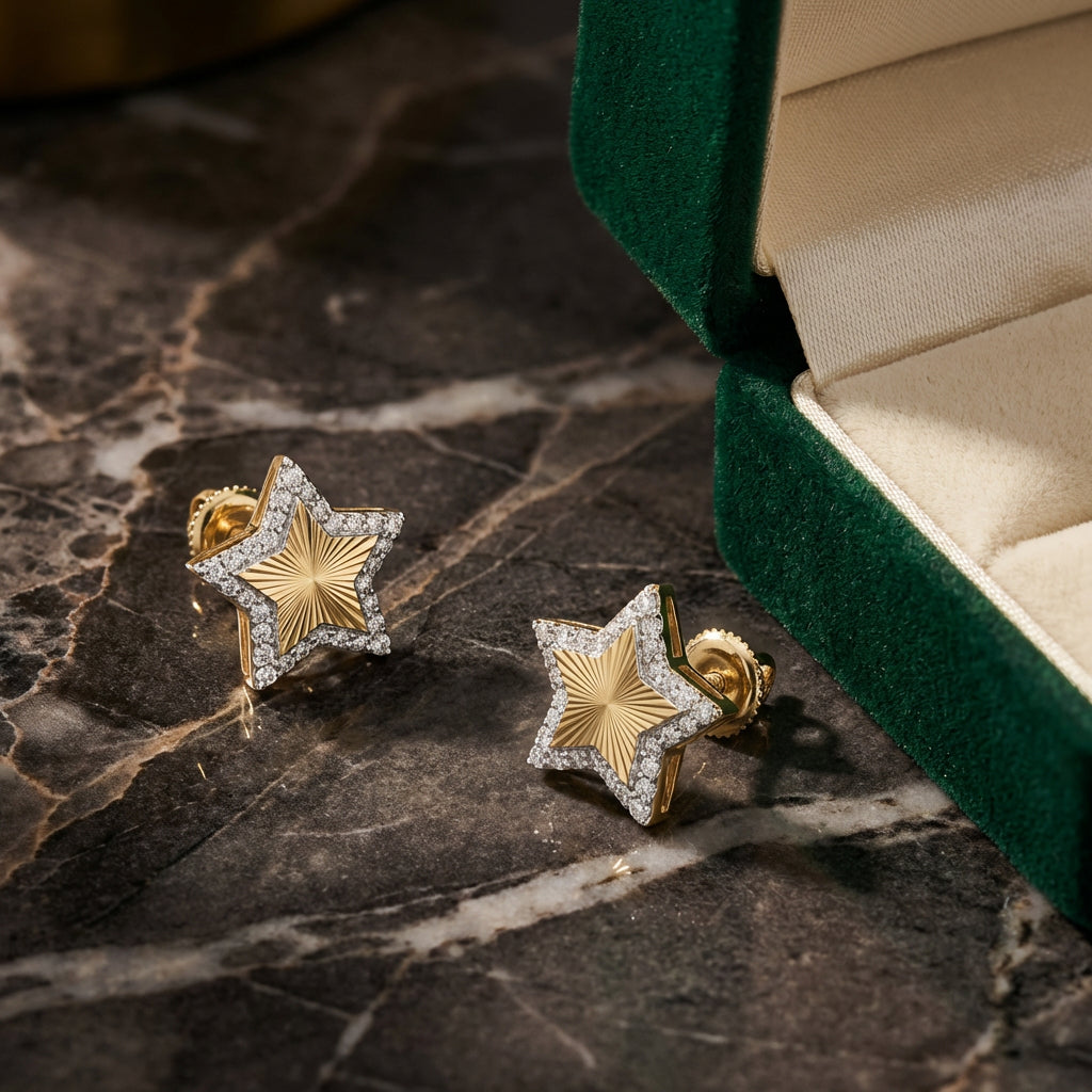 1/4CTW Natural Diamond Star Earrings 10K Yellow Gold luxury presentation - GOLDZENN