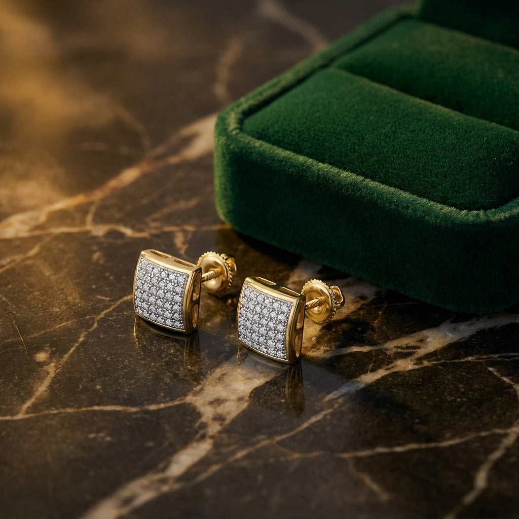 10k Yellow Gold Round Diamond Square Earrings 1/5 Cttw luxury presentation - GOLDZENN