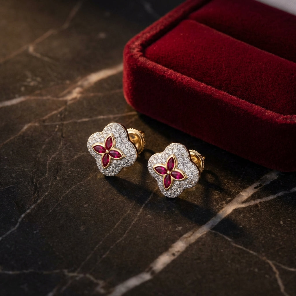 10k Gold Clover Ruby Diamond Earrings 5/8 Cttw luxury presentation - GOLDZENN