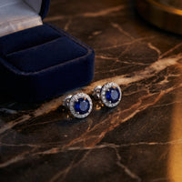 1-1/5CTW Round Blue Sapphire Diamond Halo Stud Earrings – 14K White Gold luxury presentation - GOLDZENN