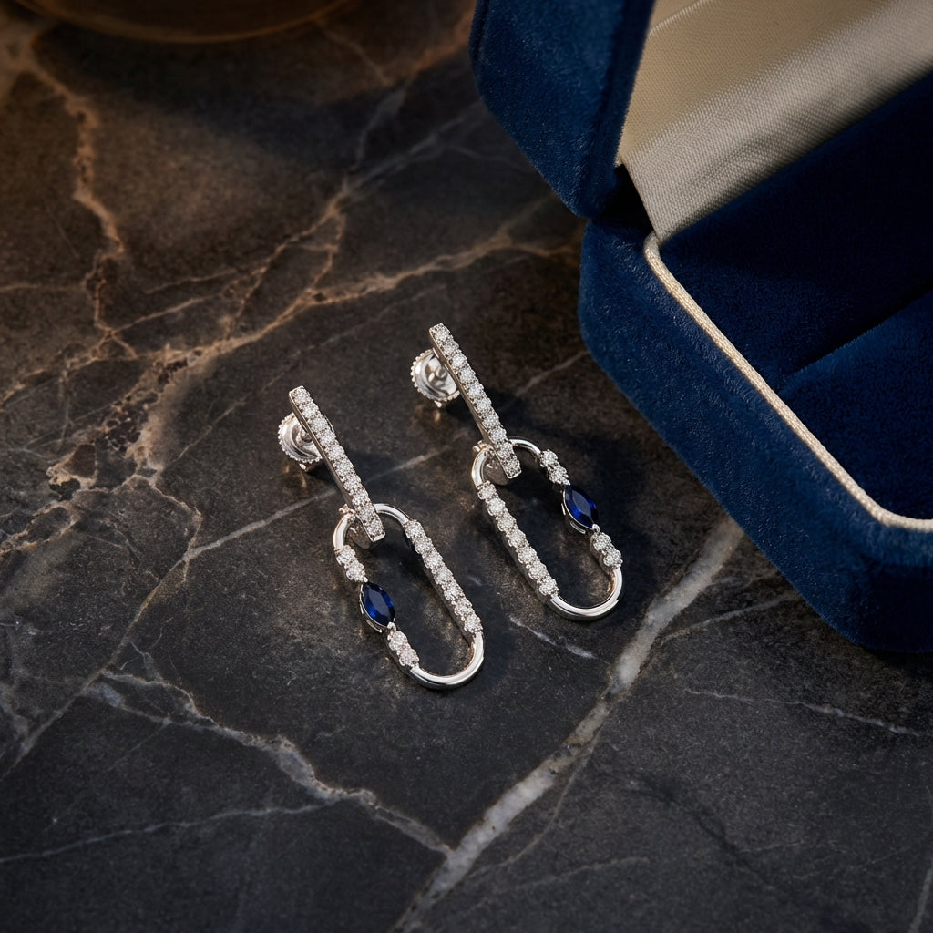 14K White Gold Diamond Paper Clip Dangle Earrings luxury presentation - GOLDZENN