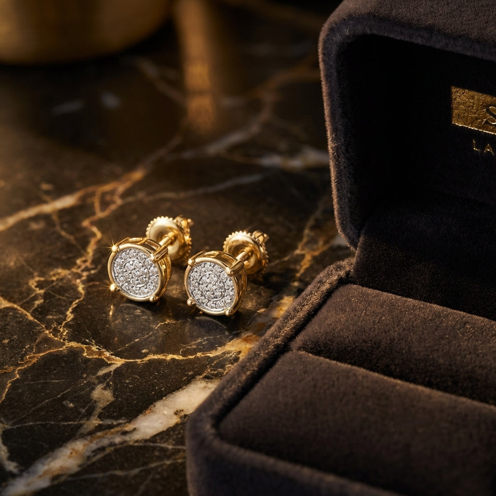 10k Yellow Gold Round Diamond Circle Cluster Earrings luxury presentation - GOLDZENN