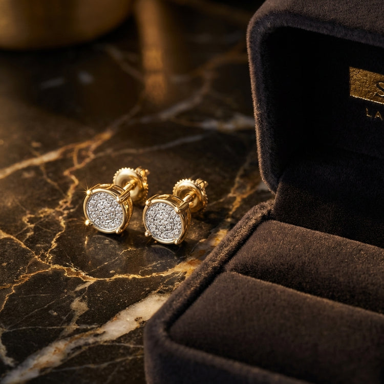 10k Yellow Gold Round Diamond Circle Cluster Earrings luxury presentation - GOLDZENN