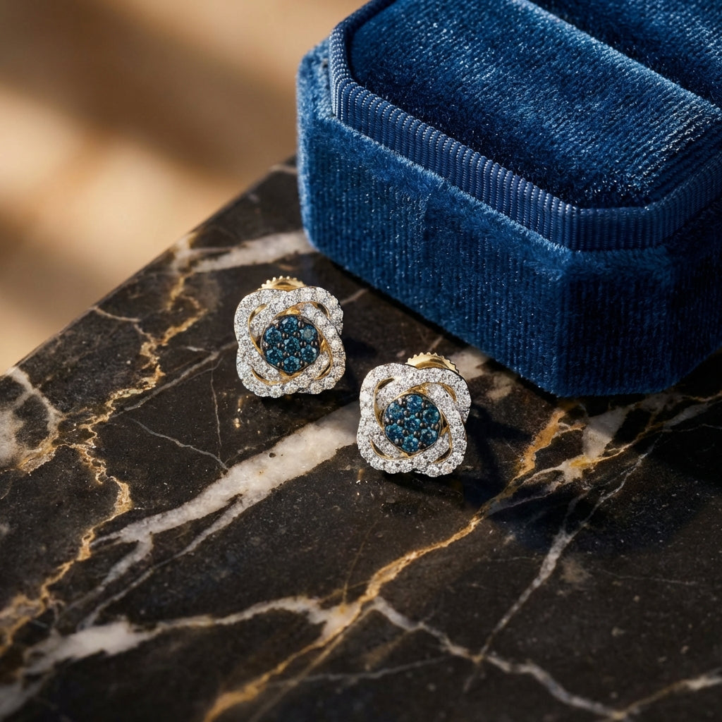 5/8CT Blue Diamond Flower Earrings in 10k Gold luxury presentation - GOLDZENN