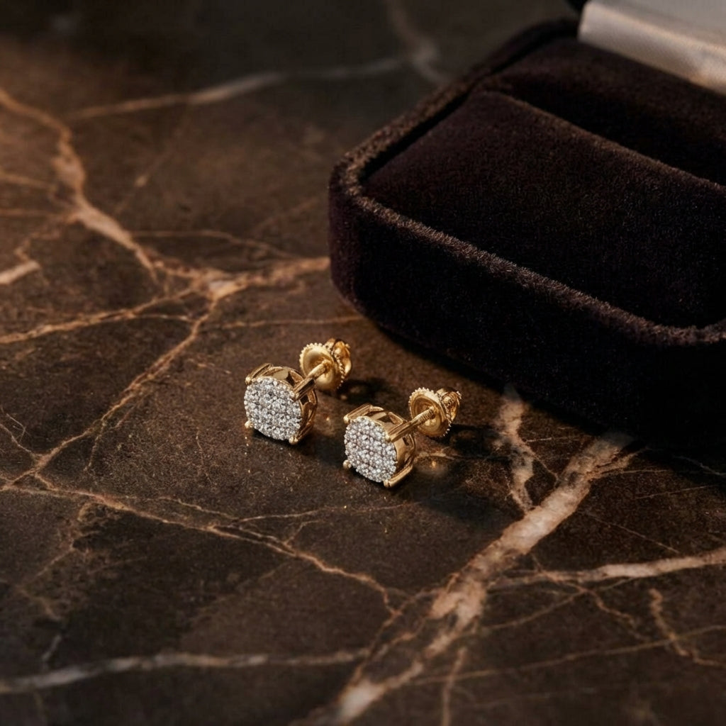 10k Yellow Gold Diamond Cluster Earrings 1/12 Cttw luxury presentation - GOLDZENN