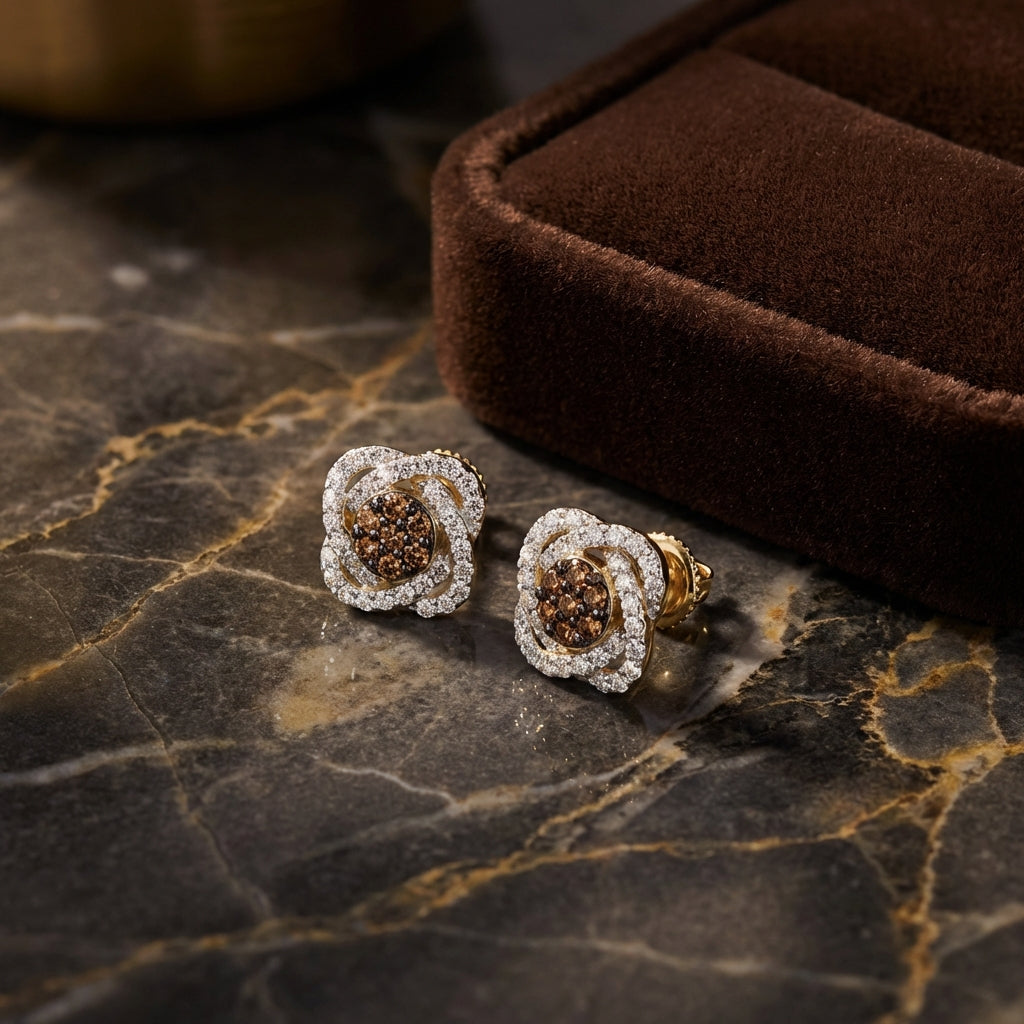 10k Yellow Gold Cognac Diamond Flower Earrings 5/8 Cttw luxury presentation - GOLDZENN