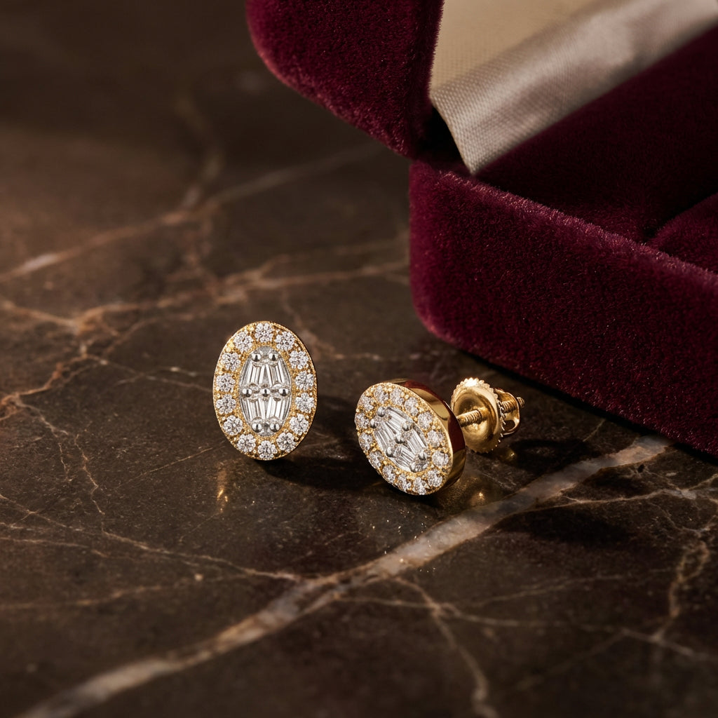 10k Yellow Gold Oval Baguette Diamond Earrings 1/8CT luxury presentation - GOLDZENN