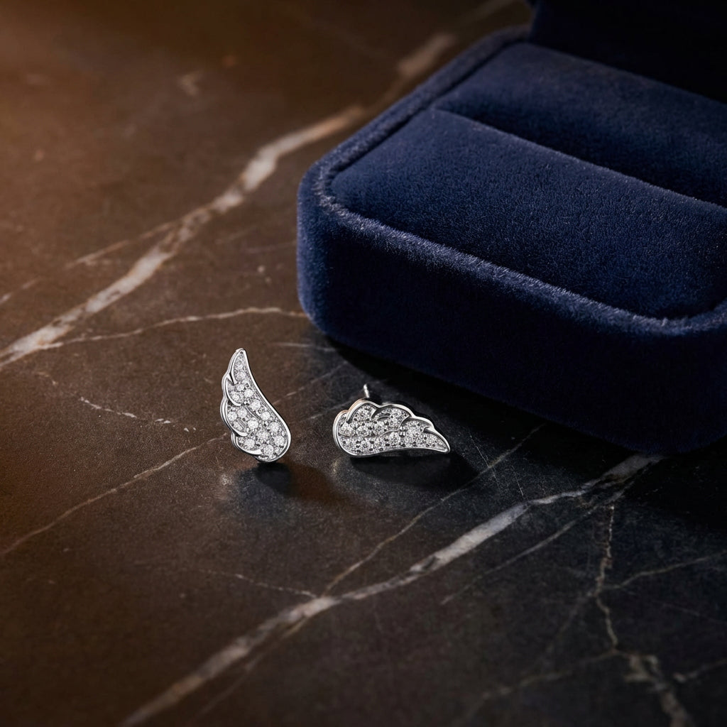 1/20CTW Round Diamond Angel Wing Stud Earrings - 14K White Gold luxury presentation - GOLDZENN