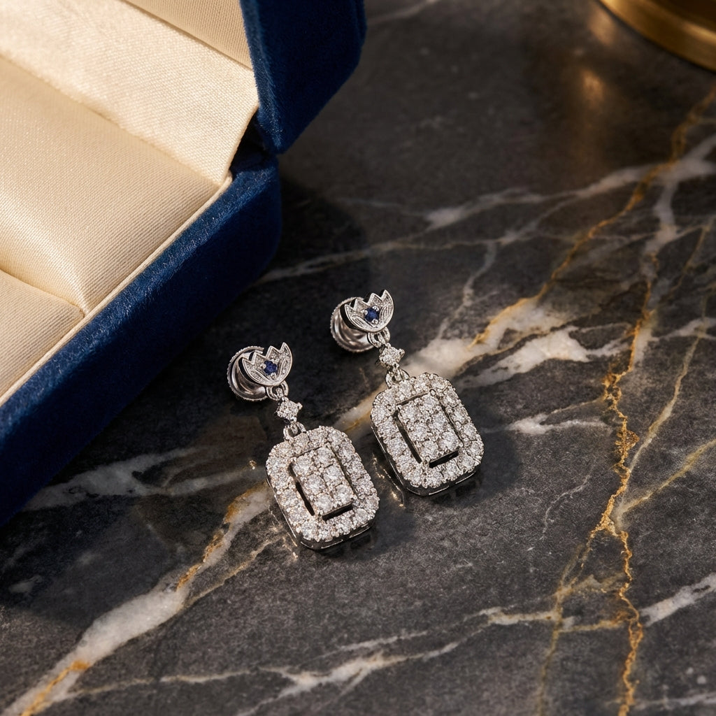 14K White Gold Diamond Rectangle Dangle Earrings luxury presentation - GOLDZENN