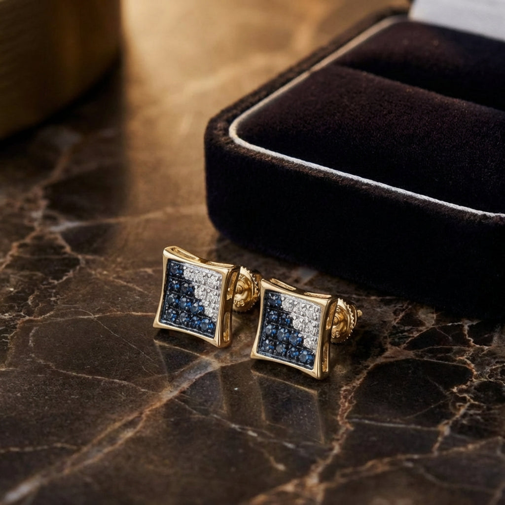 10k Yellow Gold Blue Diamond Square Earrings 1/10 Cttw luxury presentation - GOLDZENN