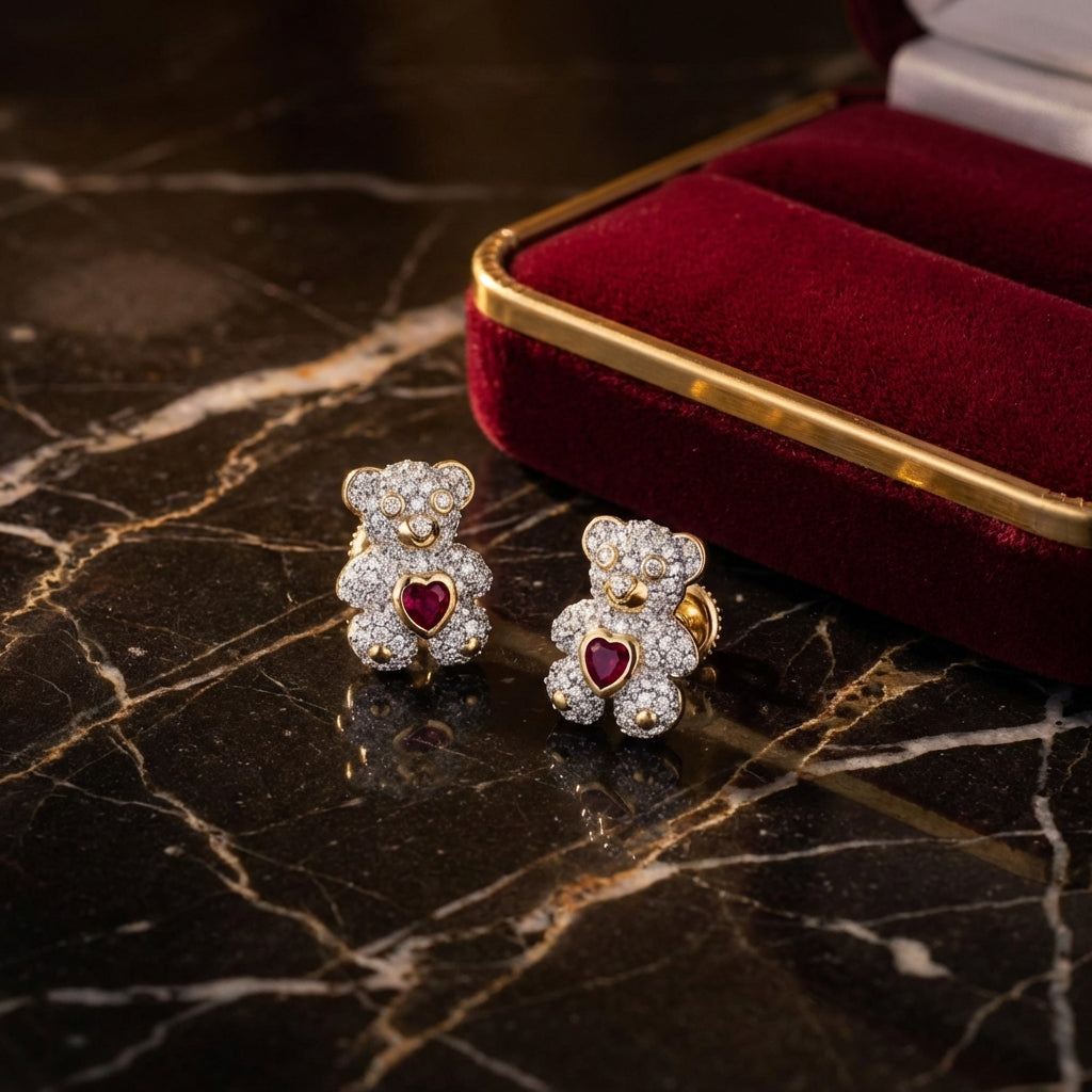 1/2CTW Teddy Bear Diamond Earrings in 10K Gold luxury presentation - GOLDZENN
