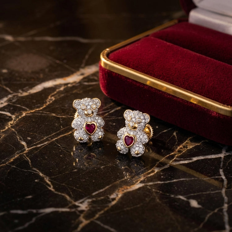 1/2CTW Teddy Bear Diamond Earrings in 10K Gold luxury presentation - GOLDZENN