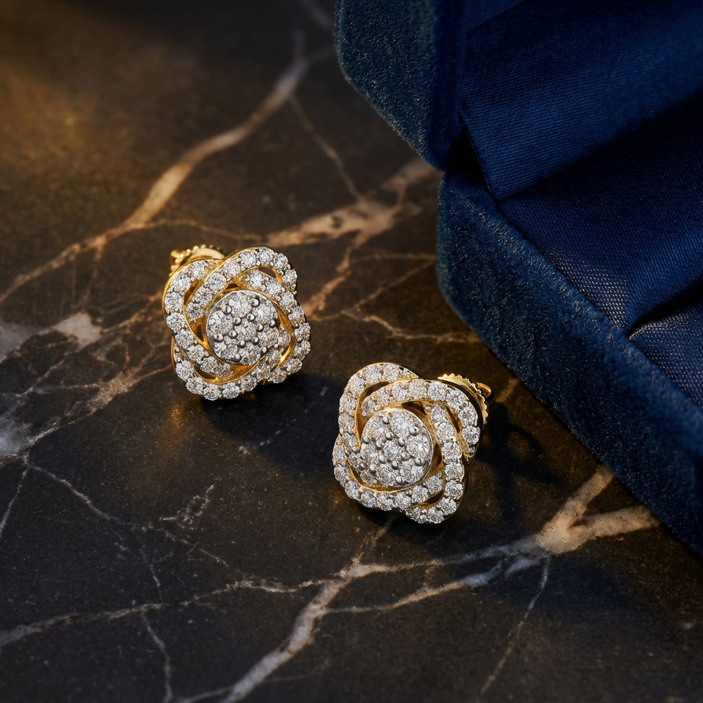 5/8CT Natural Diamond Flower Earrings in 10k Gold luxury presentation - GOLDZENN