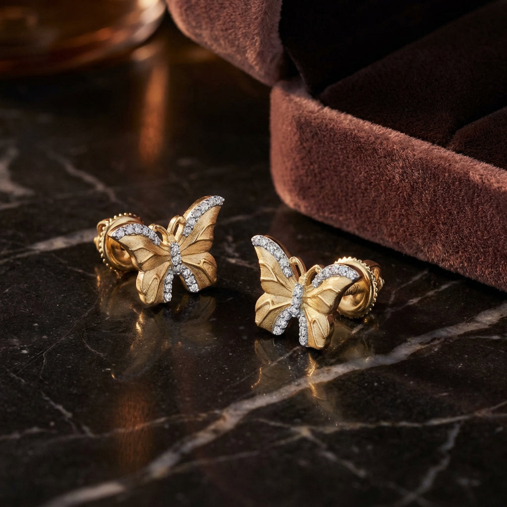 1/6 CTW Diamond Butterfly Earrings in 10k Yellow Gold luxury presentation - GOLDZENN