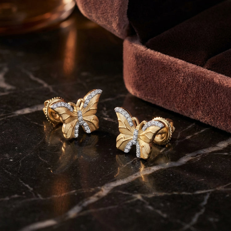 1/6 CTW Diamond Butterfly Earrings in 10k Yellow Gold luxury presentation - GOLDZENN