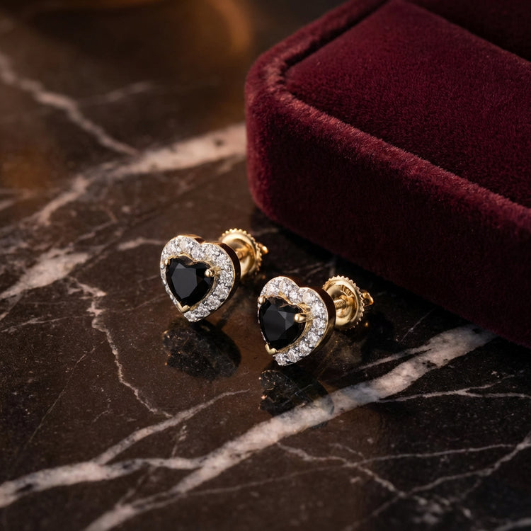 1/5CTW Diamond & Heart Black Onyx Earrings 10K Gold luxury presentation - GOLDZENN