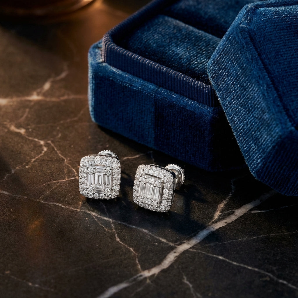 14K White Gold Baguette Diamond Cluster Earrings luxury presentation - GOLDZENN