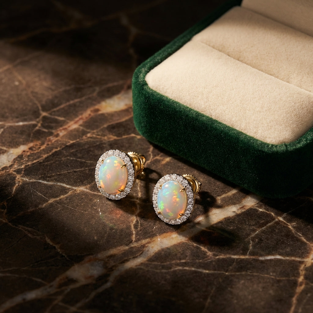 10k Yellow Gold Oval Opal Diamond Earrings 3/8 Cttw luxury presentation - GOLDZENN