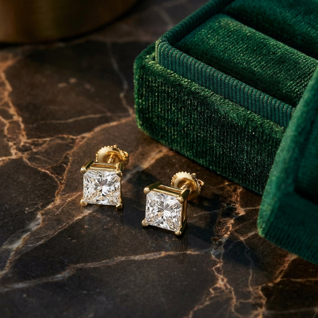 14k Yellow Gold Princess Diamond Solitaire Earrings 1CTTW luxury presentation - GOLDZENN
