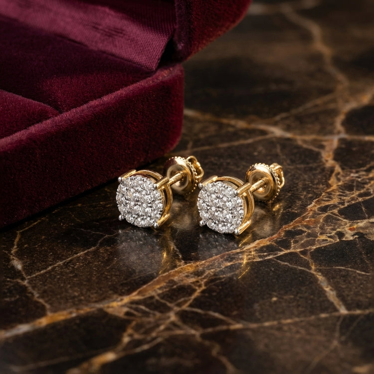 10K Gold Round Diamond Cluster Earrings 3/4 Cttw luxury presentation - GOLDZENN