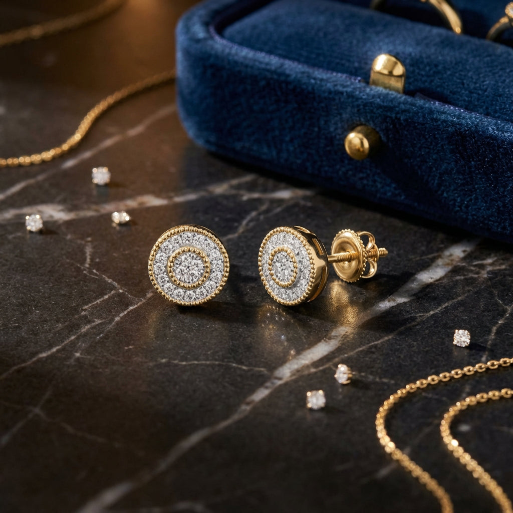 10k Yellow Gold Round Diamond Circle Earrings 1/8CTTW luxury presentation - GOLDZENN