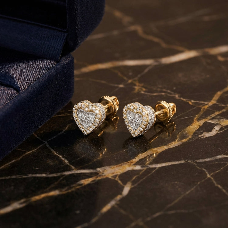 10K Gold Baguette Diamond Heart Earrings 3/8 Cttw luxury presentation - GOLDZENN