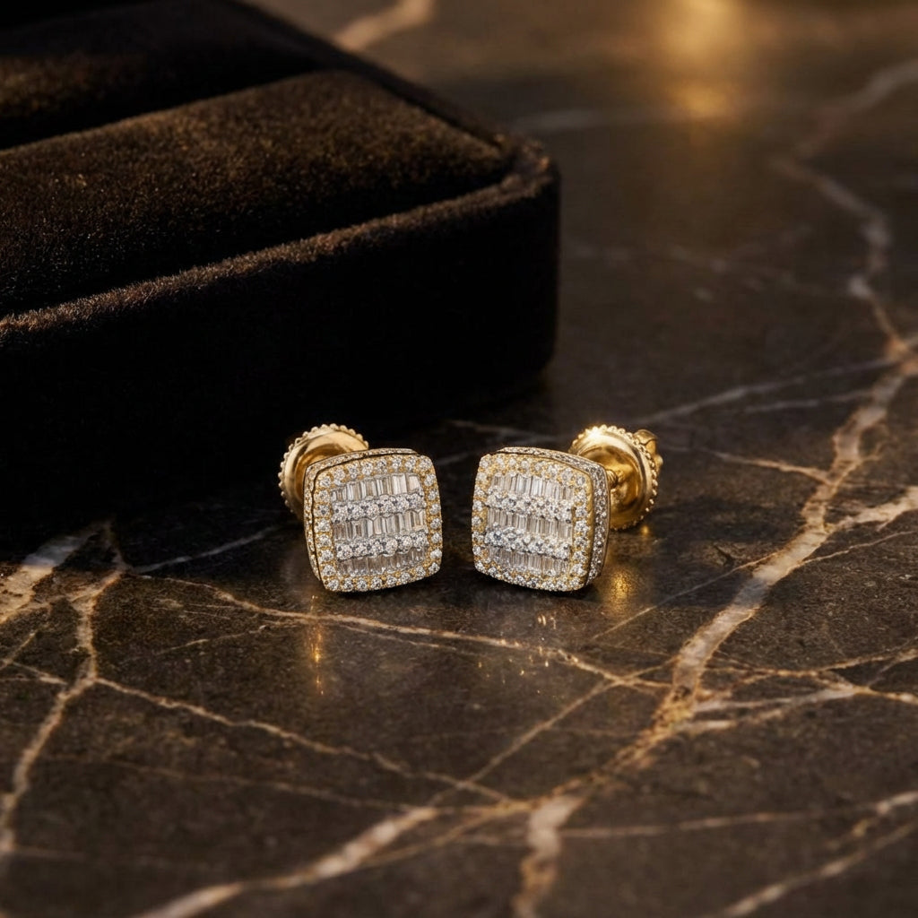 10k Gold Baguette Diamond Square Earrings 3/4 Cttw luxury presentation - GOLDZENN