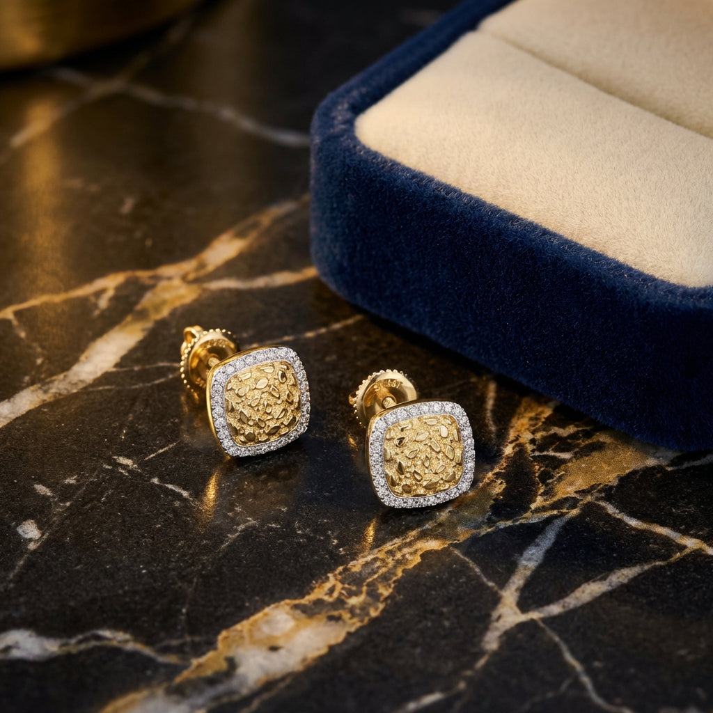 10k Gold Diamond Nugget Square Earrings 1/4 Cttw luxury presentation - GOLDZENN