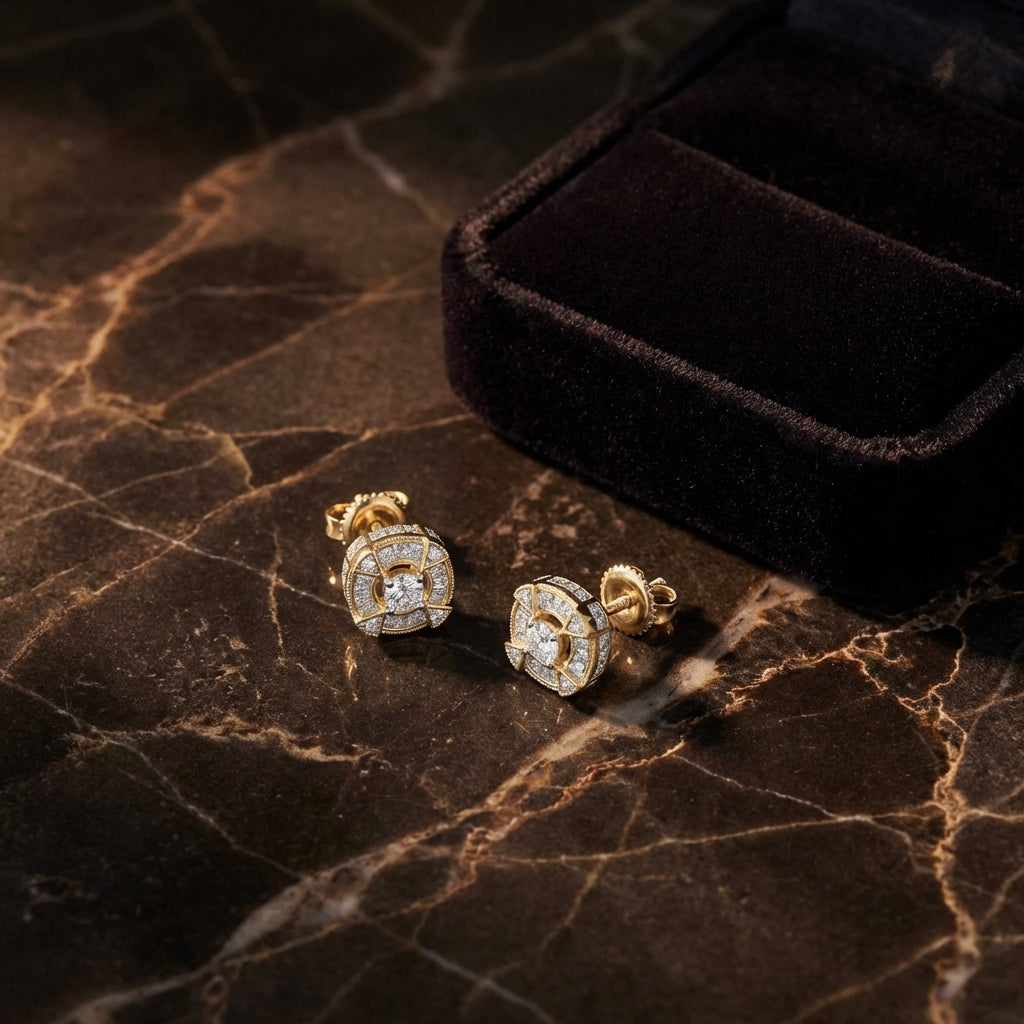 3/8CTW Diamond Round Men's Earrings 10K Gold luxury presentation - GOLDZENN