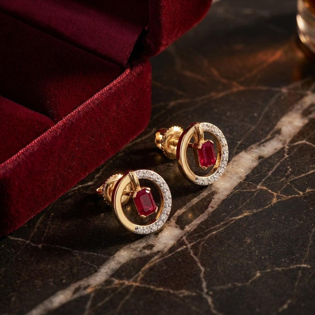 14k Yellow Gold Emerald Ruby Diamond Fashion Earrings luxury presentation - GOLDZENN