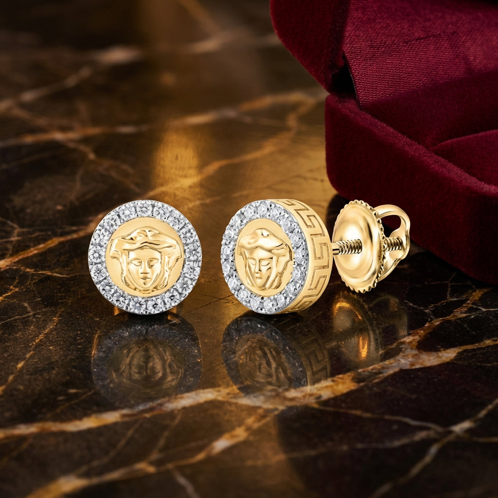 10k Gold Round Diamond Medusa Circle Earrings 3/8 Cttw luxury presentation - GOLDZENN