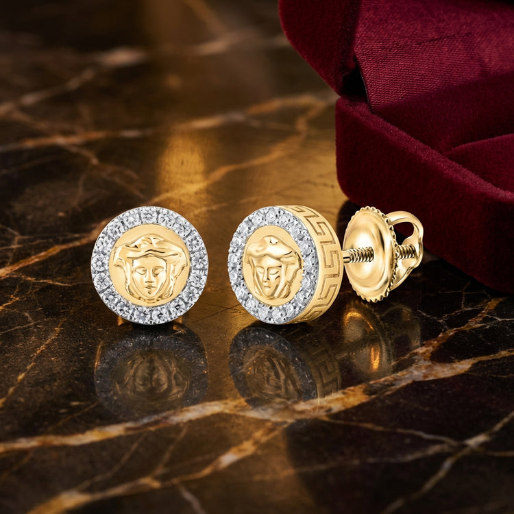 10k Gold Round Diamond Medusa Circle Earrings 3/8 Cttw luxury presentation - GOLDZENN