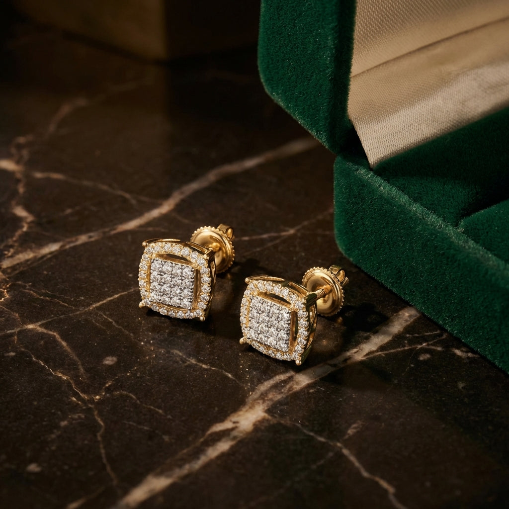 1/4CTW Cushion Diamond Earrings in 10K Yellow Gold luxury presentation - GOLDZENN