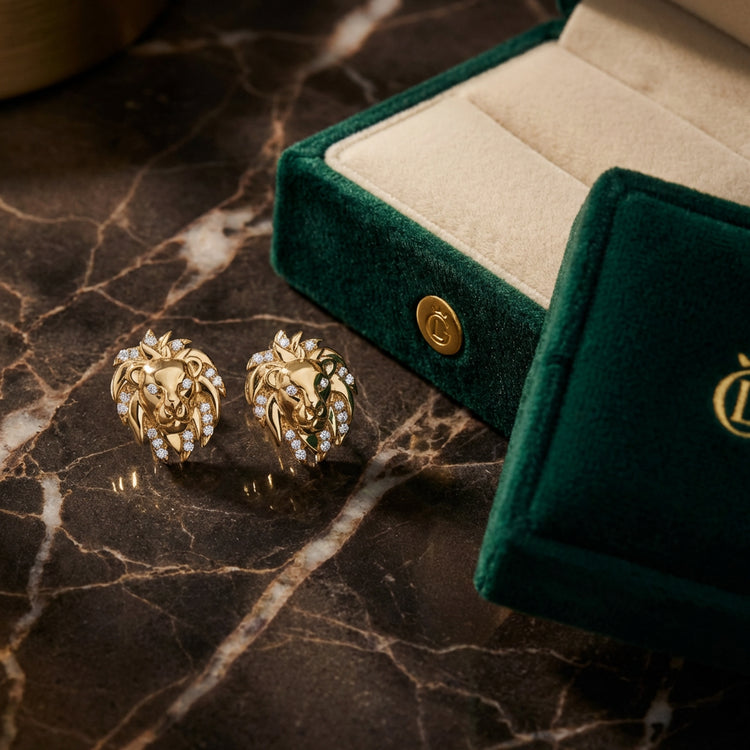 1/12CTW Round Diamond Lion Face Stud Earrings - 10K Yellow Gold luxury presentation - GOLDZENN