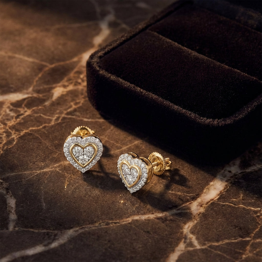 10k Gold Diamond Heart Earrings 1/5 CTTW luxury presentation - GOLDZENN