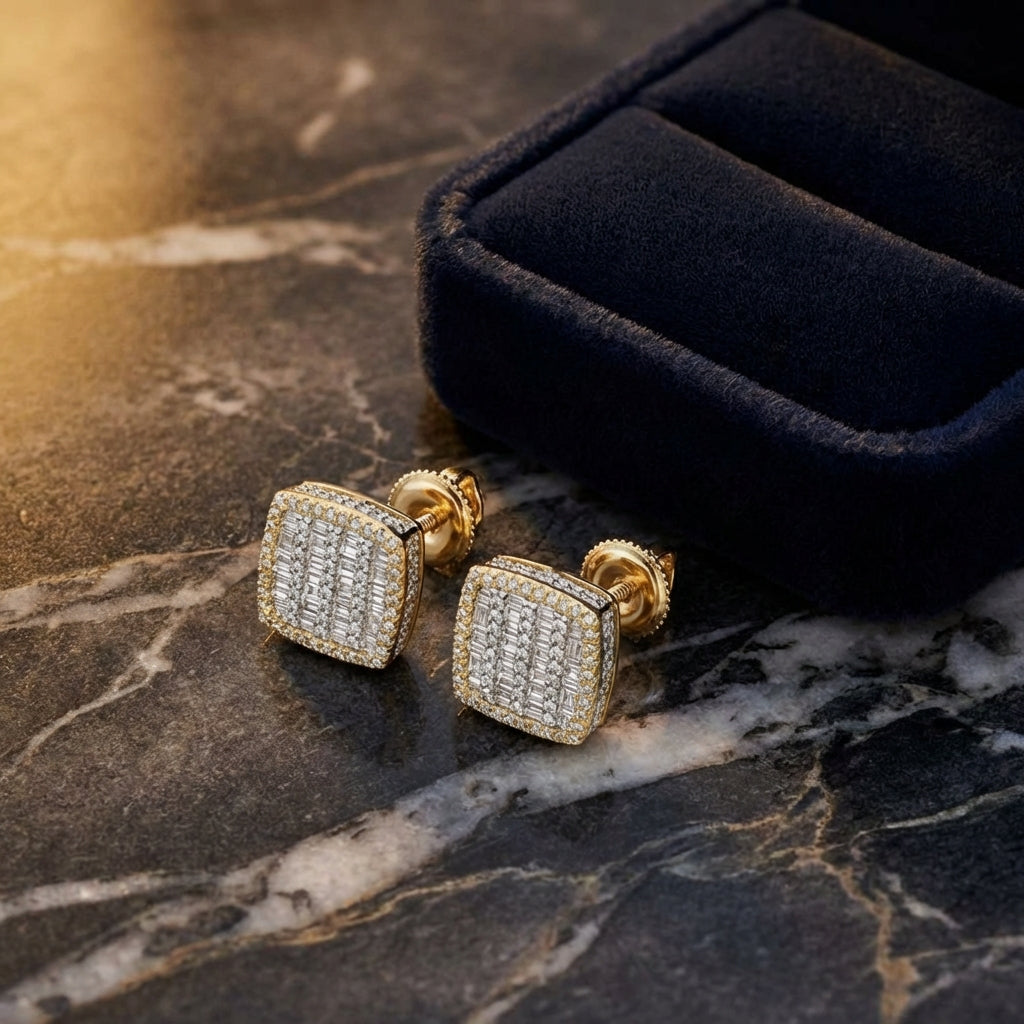 10k Yellow Gold Baguette Diamond Earrings 1 Cttw luxury presentation - GOLDZENN